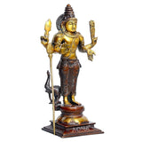 Brass Kumara Karttikeya statue, brown finish, side angle with tall spear and flame trident