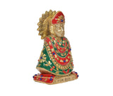 Brass Khatu Shyam idol (6 inch) worship pose, red headgear and ornate green garment