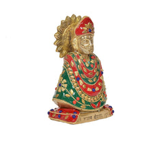 Brass Khatu Shyam idol (6 inch) worship pose, red headgear and ornate green garment