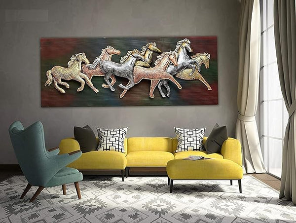 Iron 7 Seven Running Horses Framed Base For Good Luck (Height: 24 Inches) Study Setting