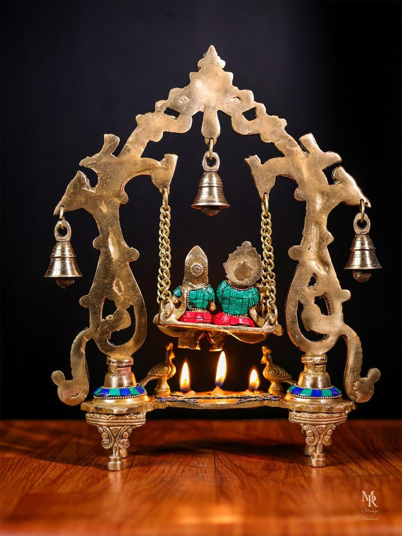 Radha Krishna Statue on Swing with Diya (Height : 36 Cm)