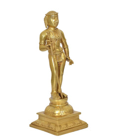 Brass standing Kartikeya Murugan idol side view, detailed loincloth and base