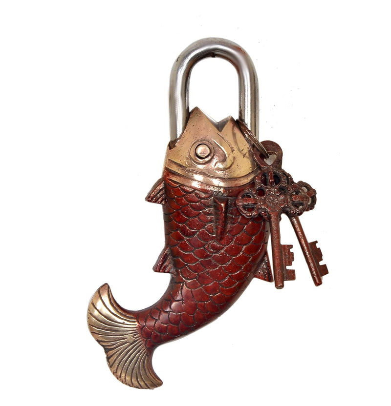 Brass Fish Lock - Antique Style Decorative Padlock with Key Showpiece for Home and Decor (Height 7 Inch)