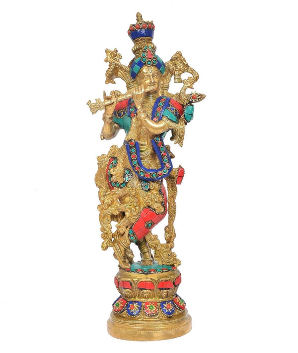 Brass Lord Krishna Idol Playing Flute Figurine, Multicolor, Religious Theme (Height:15 Inches) Entryway Setting