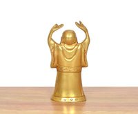 Brass Laughing Buddha statue, rear view with arms up, robe and base visible