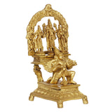 Side view brass Garuda Bhagwan murti with three standing deities, 7 inch