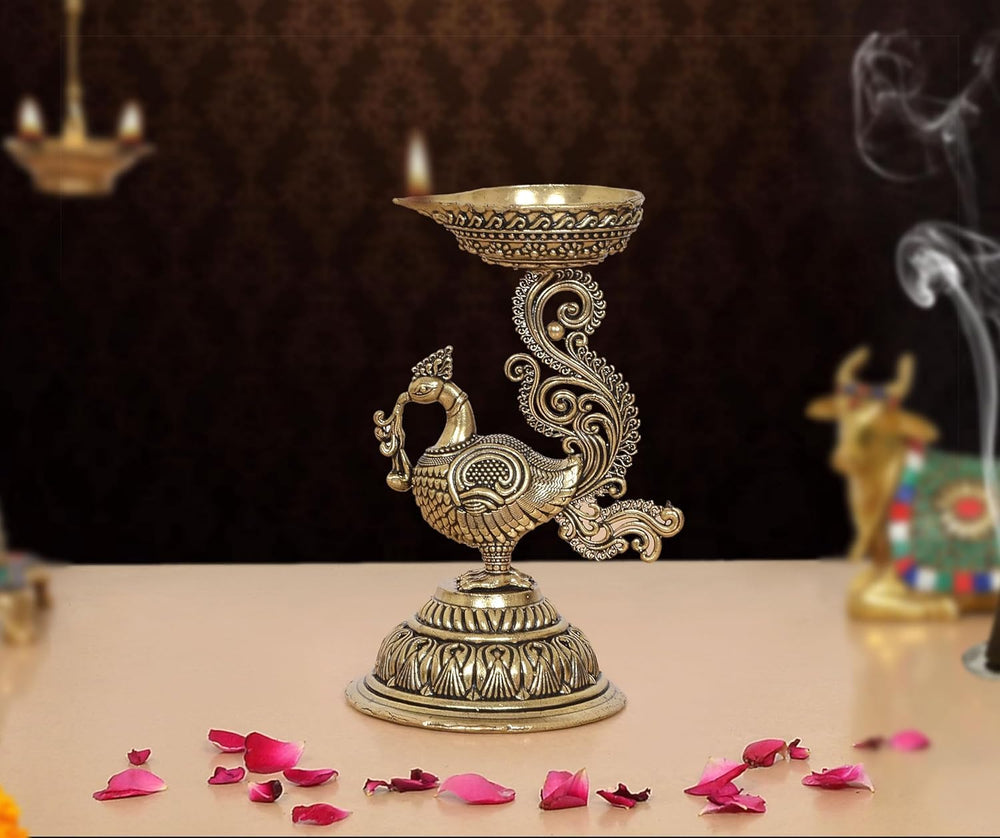 Superfine Brass Oil Lamp On Peacock | Diya Stand Statue (Height: 3 Inches)