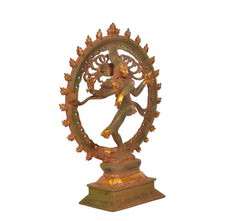 Brass Nataraj Lord Shiva idol, three-quarter view with arched halo and base