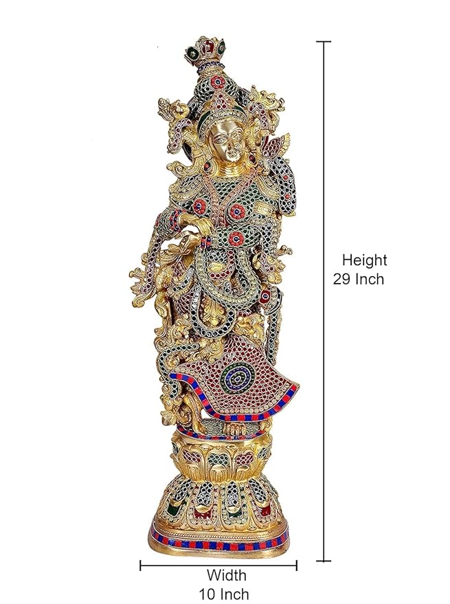 Brass Radha Krishna Statue Idol On Base for Home Decor Temple | Height : 30 Inches | Pair |