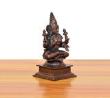 Copper Lakshmi Maa statue from opposite side, seated pose with detailed ornaments and arms