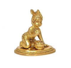 Brass Laddu Gopal idol statue, seated with hands near pot, detailed round base