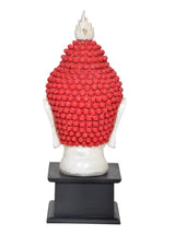 Resin Buddha head statue rear view, red textured headdress, black base