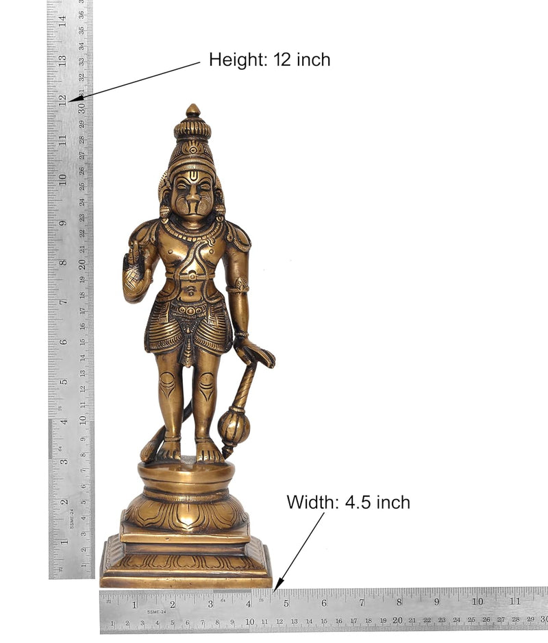 Brass Standing Blessing Hanuman Idol - Hindu Deity Statue for Home Temple Office Decor (Height: 12 Inch)