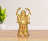 Brass Laughing Buddha statue, standing figure with arms raised, golden finish