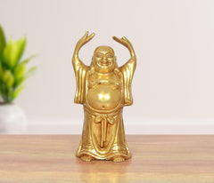 Brass Laughing Buddha statue, standing figure with arms raised, golden finish