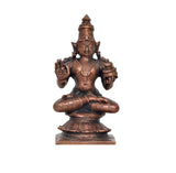 Copper Dhanvantari statue front view, seated with palms up, detailed crown and jewelry