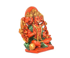 Panchmukhi Hanuman idol figurine, angled view, five faces, orange and green attire, gold trim