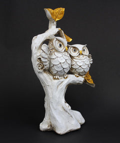 Resin owl couple decor, 6 in tall, side view with white branch base and gold leaves