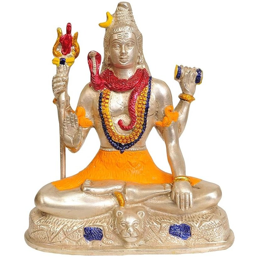 Sitzender vierarmiger Shiva aus Messing mit farbigen Gewändern und Ornaten