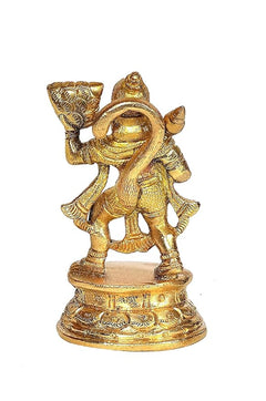 Brass Hanuman idol facing left, carrying Sanjeevani parvat, engraved circular base