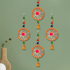 Set of 2 toran hangings with orange striped circular hoops, pink pom center, blue-red-green bead strings