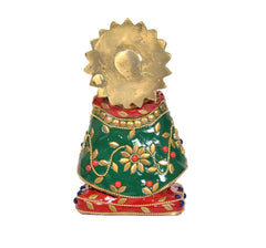 Brass Khatu Shyam idol (6 inch) back view, gold halo details and green skirt with beads