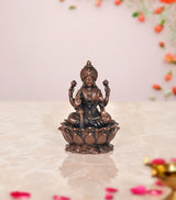 Copper Lakshmi statue idol, seated on lotus with four arms, 2 inch home temple decor