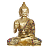 Brass Buddha statue front view with serene face, red and blue inlay robe patterns