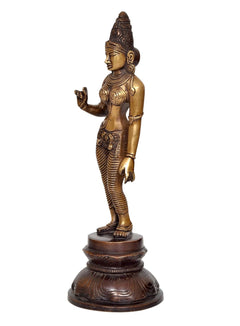 Brass Parvati statue, side view with raised hand, intricate patterns on legs and base