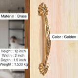 Golden brass main door handle with leaf-carved grip and decorative rosette, 12 inch.