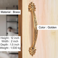 Golden brass main door handle with leaf-carved grip and decorative rosette, 12 inch.