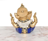 Brass Ganpati Bappa Murti, 6 inch, back view with golden halo and blue waist