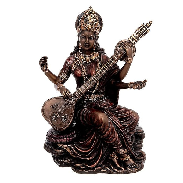 Resin Saraswati Idol Hindu Goddess of Knowledge Music & Art (14.5 Cm) Mandir Setting