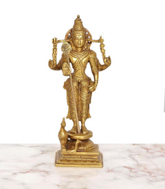 Standing Kartikeya idol holding staff and garland, brass gold-tone, front view