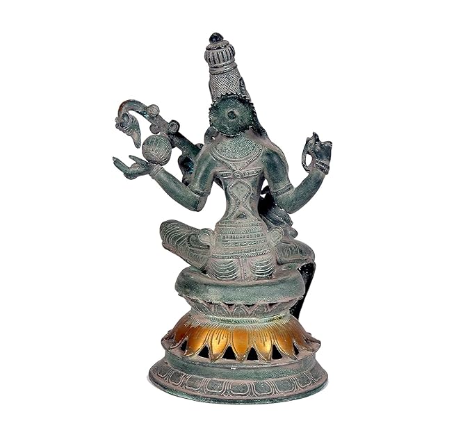 Brass Indian Goddess Saraswati Sculpture with Veena (Height: 12 Inches)