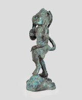 Hanuman Ji bronze statue side view, turquoise patina, one hand extended with mace raised