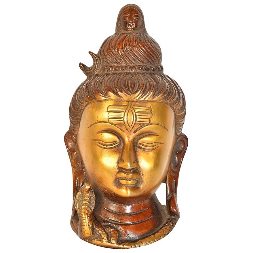 Brass Shiva wall hanging mask with serene face, closed eyes, ornate hair