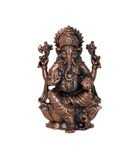 Copper Lord Ganesha idol, seated posture, detailed jewelry, four hands holding objects