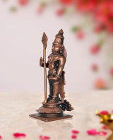 Copper Lord Kartikeya Murugan statue holding tall spear, detailed armor, 4.5 inch