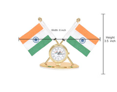 Metal Indian flag car dashboard watch (6 in wide, 3.5 in height) with twin flags
