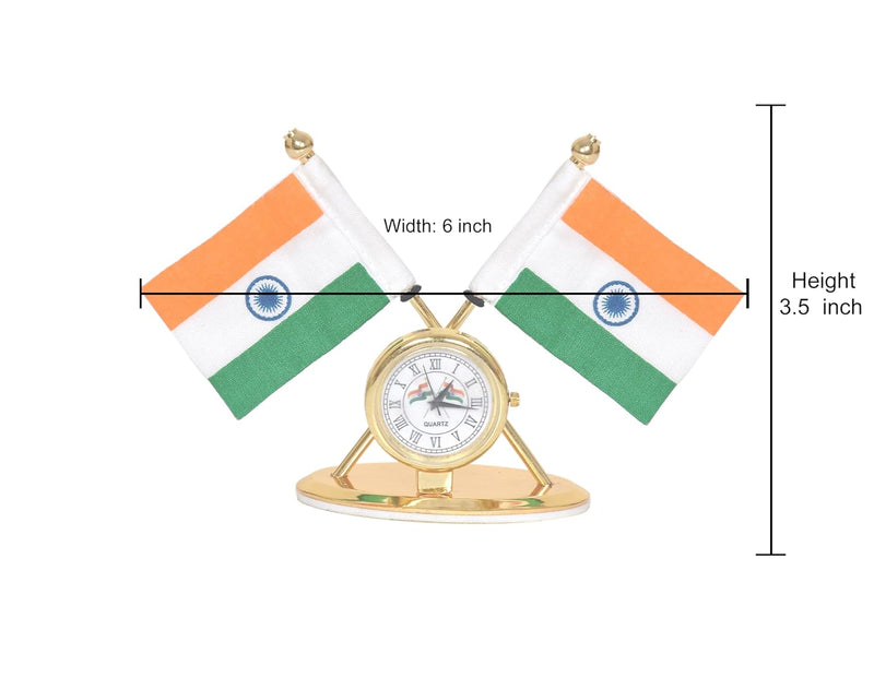 Metal Indian Flag With Watch for Car Dashboard (Height: 3.5 inch)