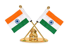 Metal Indian flags with Ganesh on gold stand, two flag poles, front view