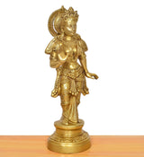 Brass Radha murti idol in profile, ornate headdress and patterned outfit