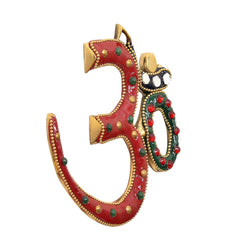 Brass OM wall hanging with red arch and green ring, jeweled detail