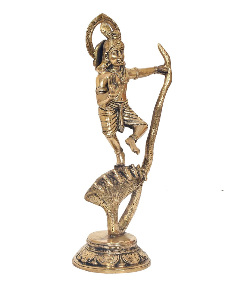 Brass Krishna Bhagwan Murti Dancing on Kaliya Naag - Religious Statue for Home Temple Pooja Mandir Decor (Height 13 Inch)