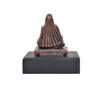 Copper Raghavendra Swami statue, rear view with draped hair on base