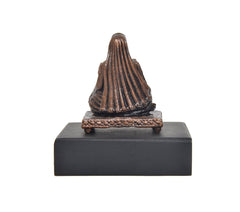 Copper Raghavendra Swami statue, rear view with draped hair on base