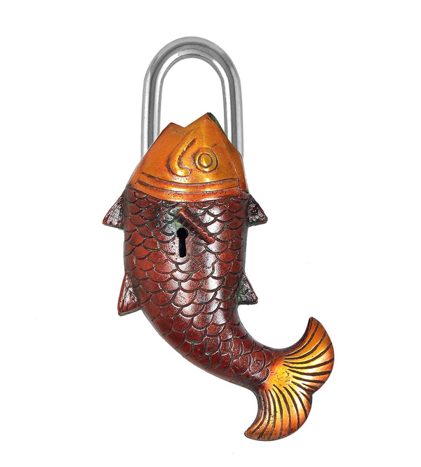 Brass Fish Lock - Antique Padlock with Key Showpiece (Height 7 Inch) Study Setting