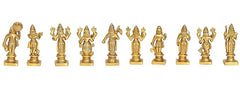 Brass Dashavatara Vishnu statue set of 10, front view of detailed seated standing poses