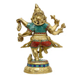 Brass Ganesha idol side view, six hands in dance, colorful gemstone inlay details